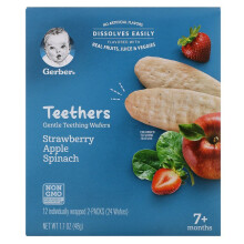 Gerber, Snacks für Babys, Beißringe, Sanfte Beißkekse, ab 7 Monaten, Erdbeer-Apfel-Spinat, 12 einzeln verpackte 2er-Packungen, je 2 Kekse