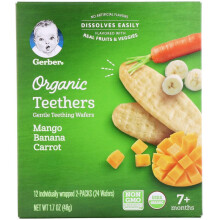 Gerber, Bio für Babys, Sanfte Beißkekse, 7+ Monate, Mango Banane Karotte, 12 einzeln verpackte 2er-Packs, je 2 Kekse