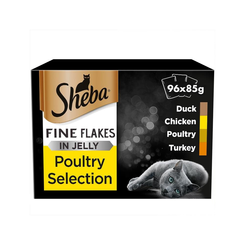 96 x 85g Sheba Fine Flakes Adult Wet Cat Food Pouches Mixed Poultry in Jelly