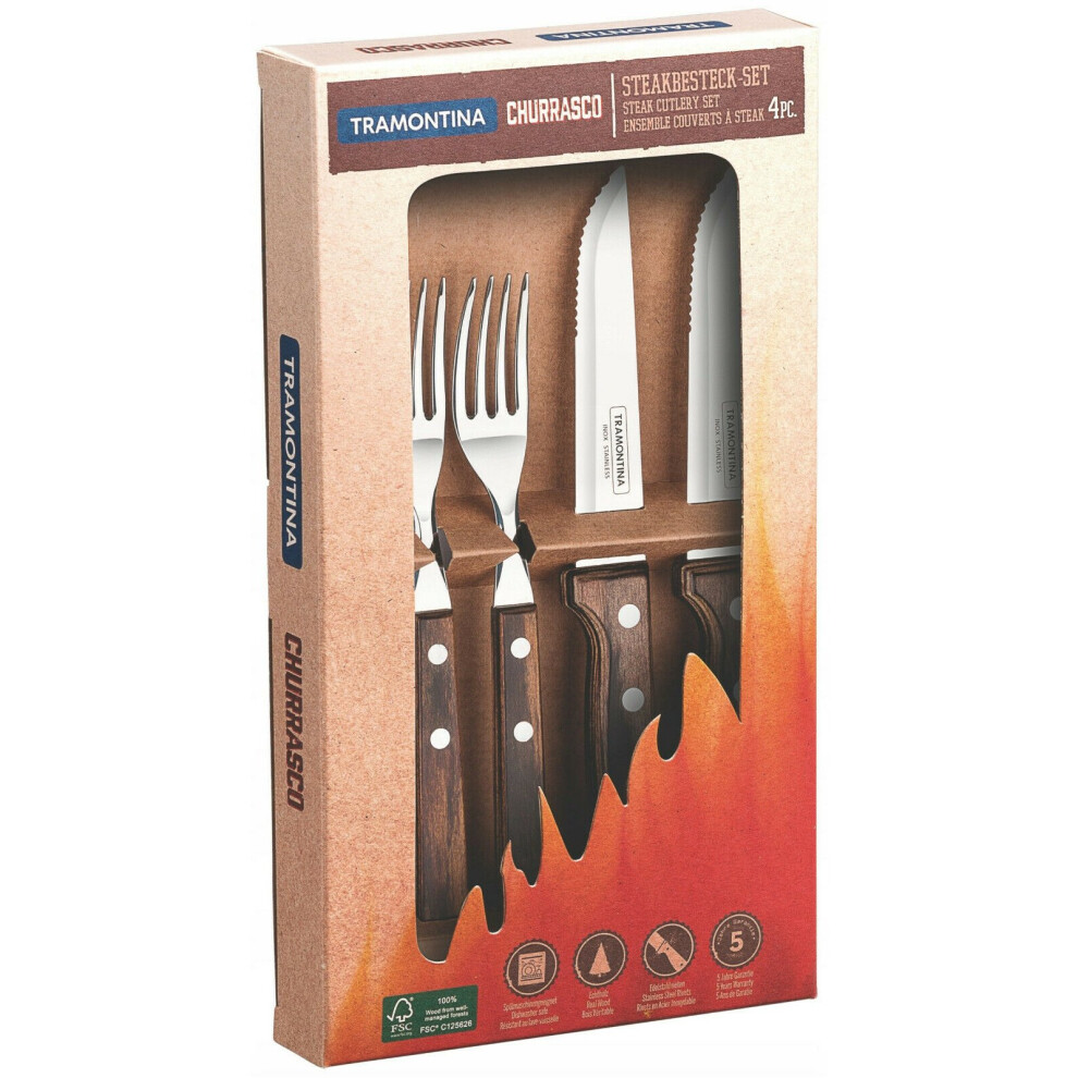 Tramontina Steak Knife & Fork 4 Piece Cutlery Set Churrasco Wood Knives