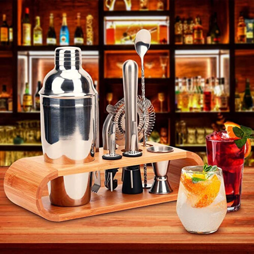 10pc Stainless Steel Cocktail Maker Kit With Bamboo Stand 1