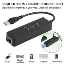 3-Port USB 3.0 Hub + Gigabit Ethernet RJ45 Adapter (1000Mbps) for PC/Mac/Chromebook – Plug & Play
