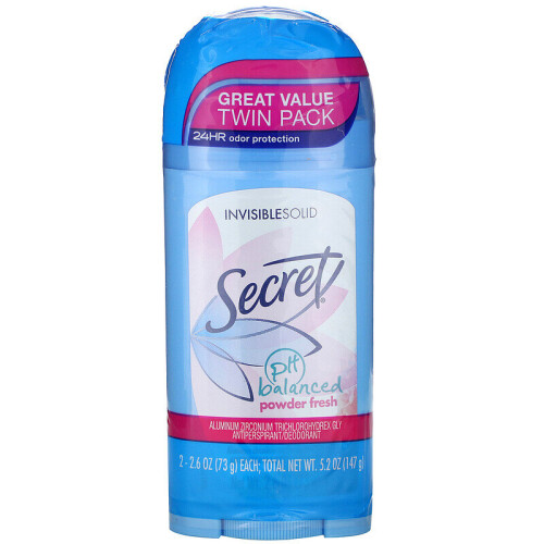 Secret, pH Balanced Antiperspirant/Deodorant, Invisible Solid, Powder Fresh, Twin Pack, 2.6 oz (73 g) Each 1