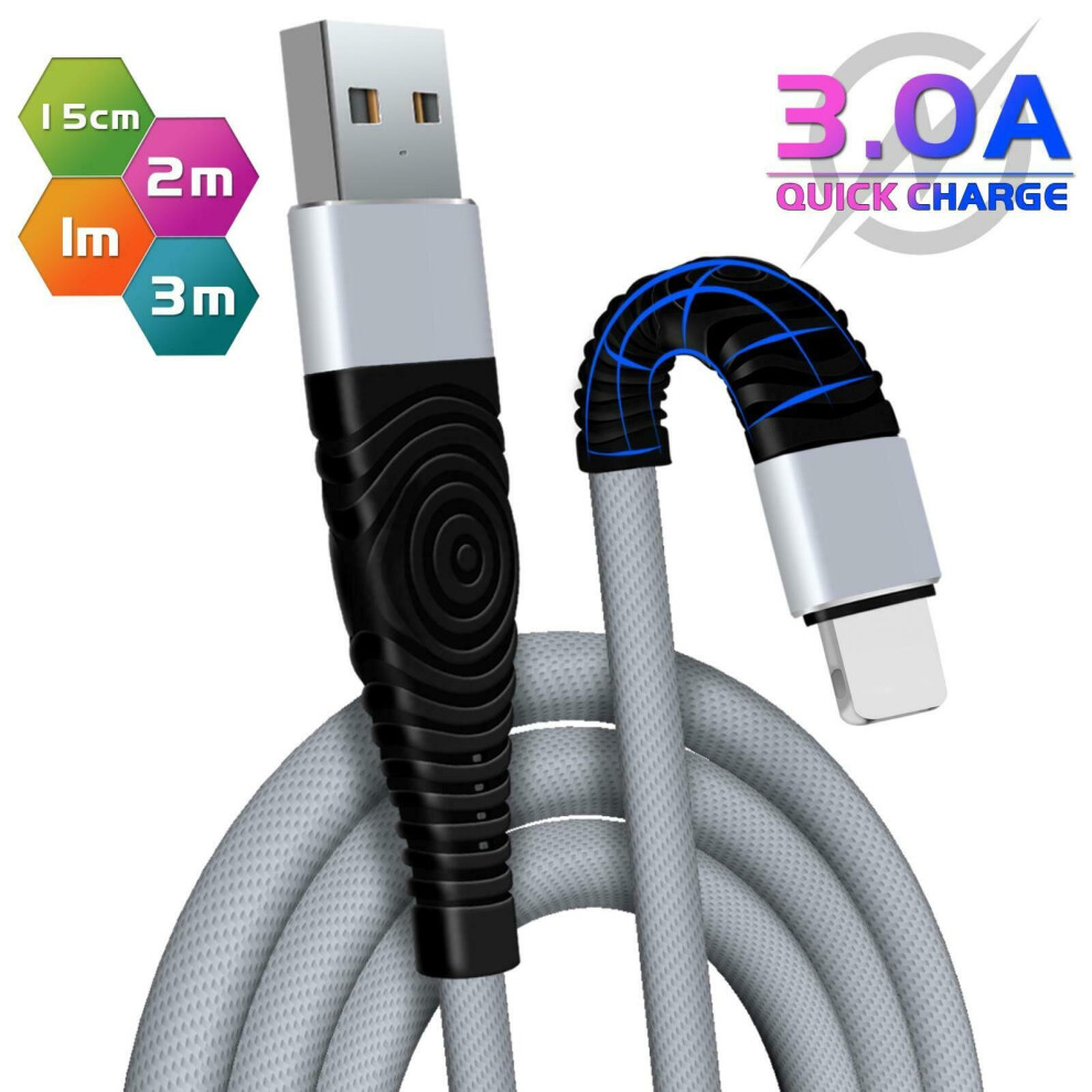 (2M, Grey) Strong Braided USB Fast Charging Charger Cable Quick Sync Data For iPhone 14 13 12 11 X 7 8