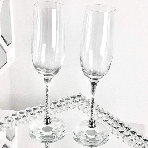 Crushed Diamond Champagne Glasses Set of 2, Crystal-Filled, Sparkling Pair for Any Occasion