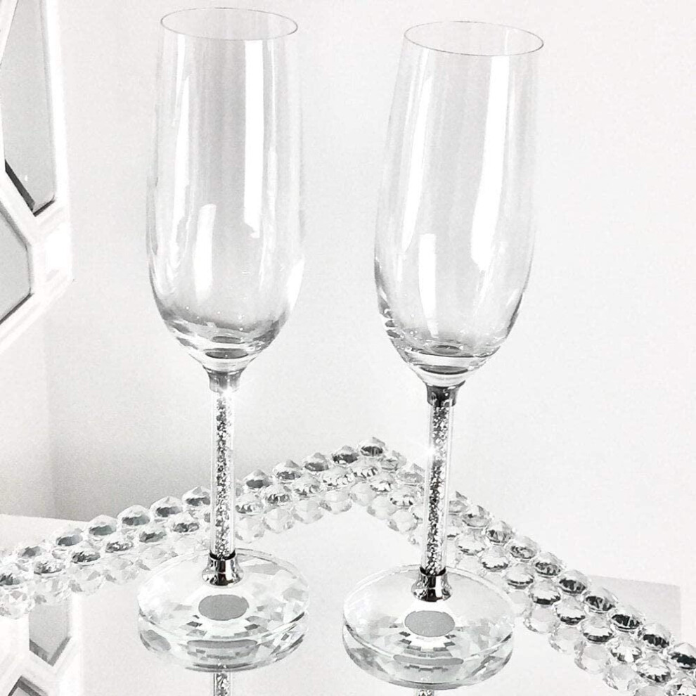 Crushed Diamond Champagne Glasses Pair Set of 2 Crystal Filled