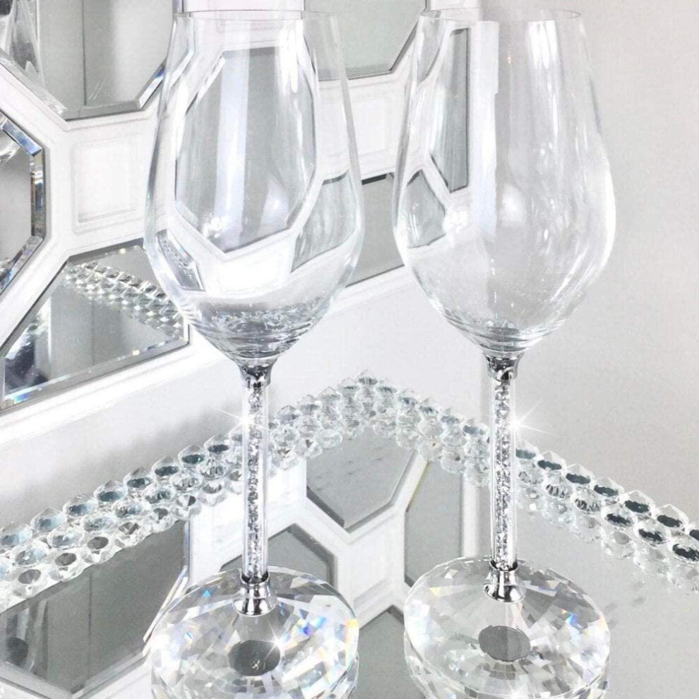 Crushed Diamond Wine Glasses Pair Set of 2, Crystal Filled 