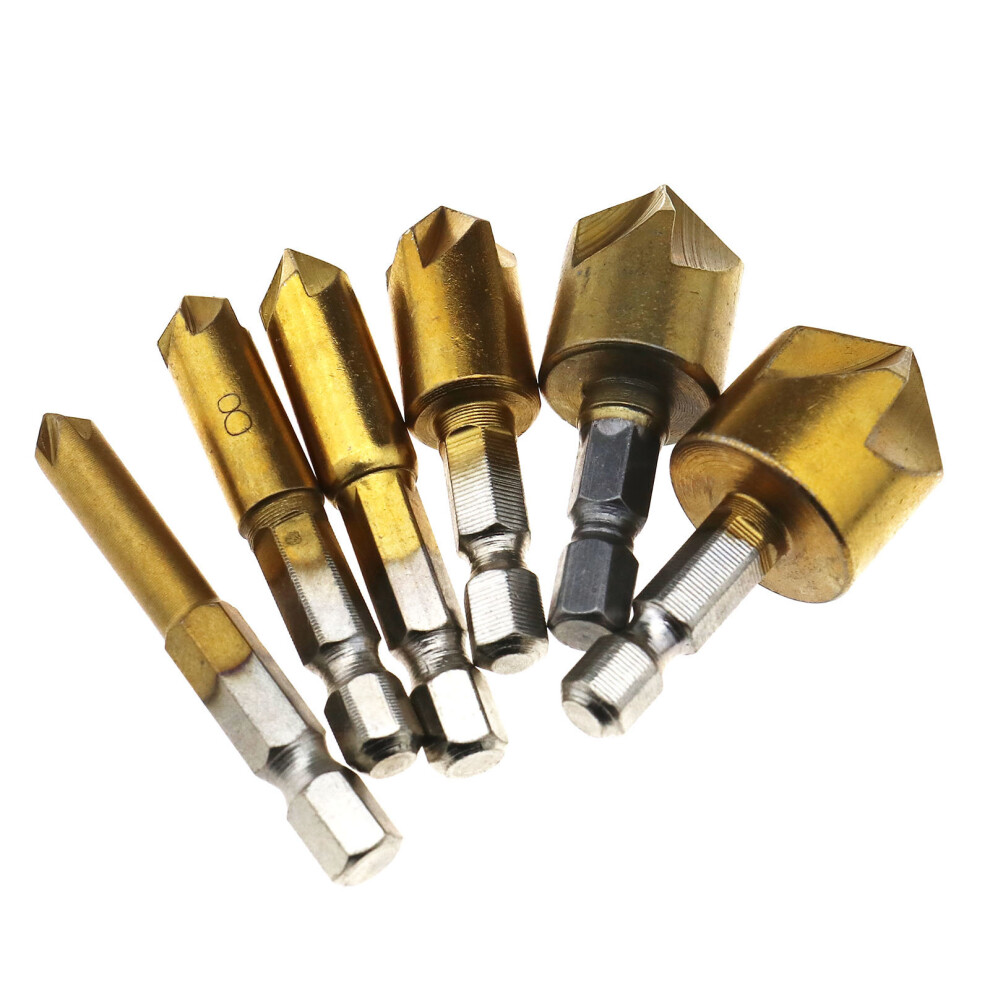 6X 1/4? Hex Shank 5 Flutes Titanium-Plated Wood Drill Bits 90Â° Countersink Sets 4894670183493
