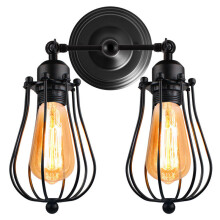 (Black) Wall Sconce 2 Light Metal Industrial Wire Cage Wall Light Fixture