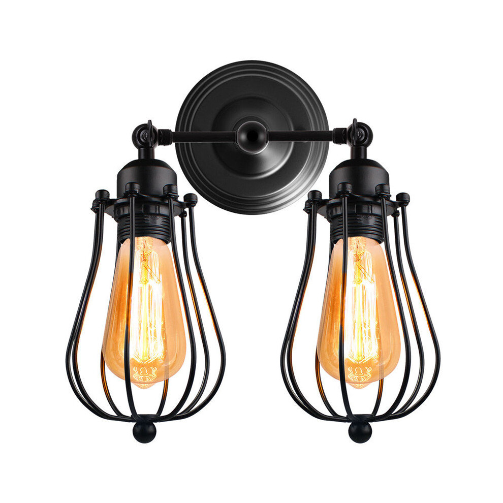 (Black) Wall Sconce 2 Light Metal Industrial Wire Cage Wall Light Fixture