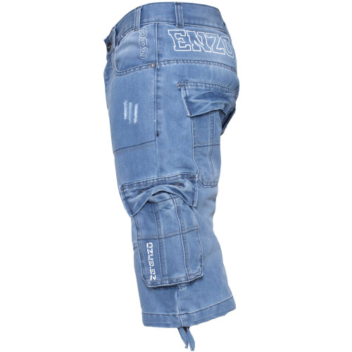 Ze Enzo (Light Stonewash, 30") Enzo Mens Shorts Raw Combat Cargo Pockets Denim 2