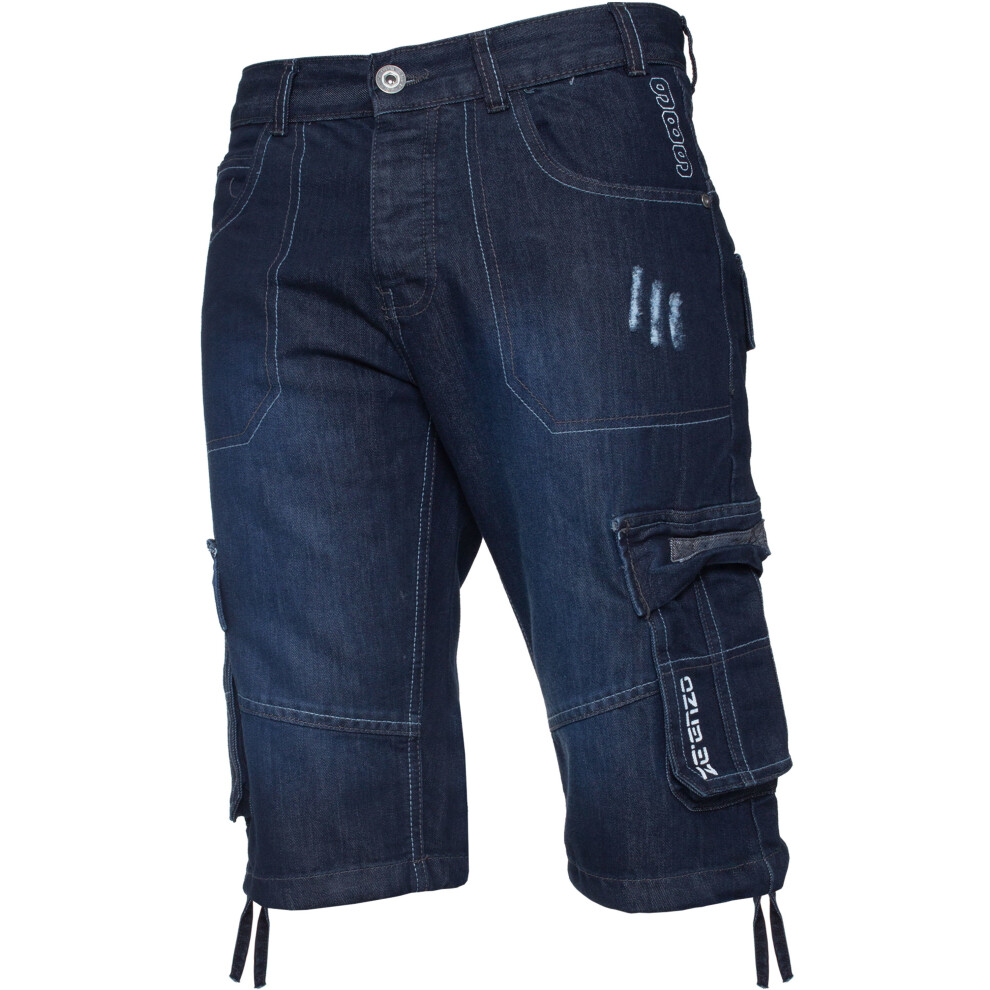 Ze Enzo (Dark Stonewash, 28") Enzo Mens Shorts Raw Combat Cargo Pockets Denim Blue