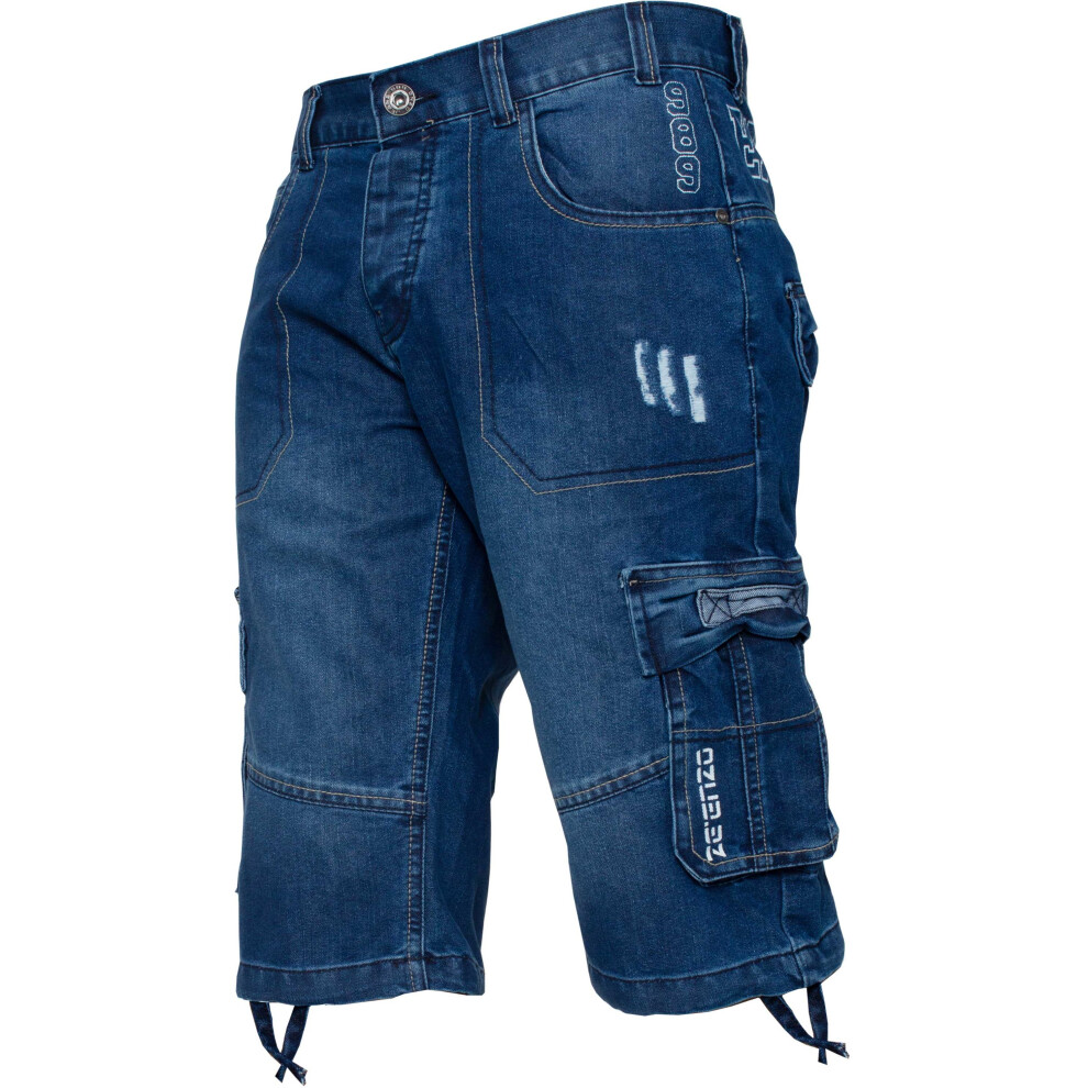 Ze Enzo (Mid Stonewash, 40") Enzo Mens Shorts Raw Combat Cargo Pockets Denim Blue