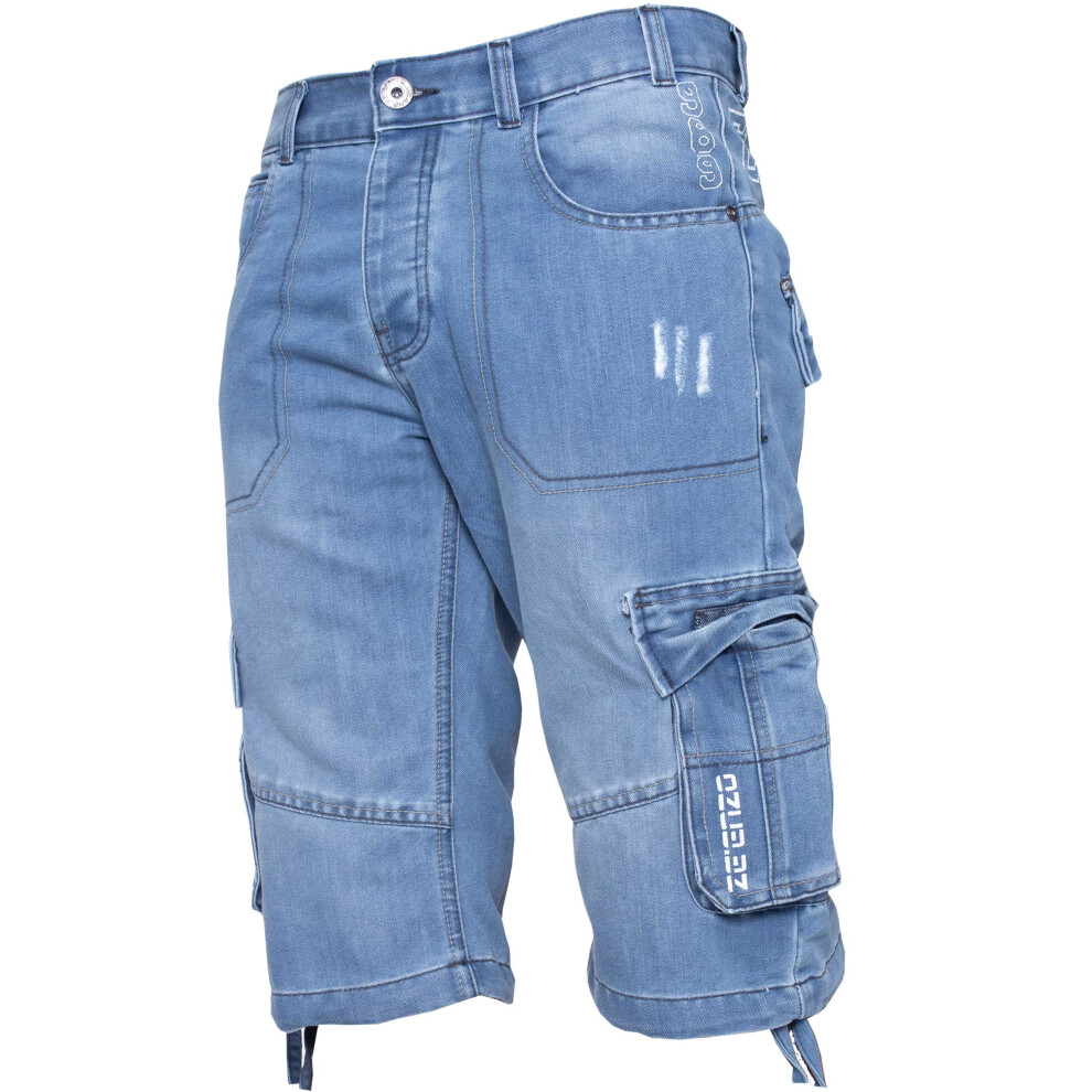 Ze Enzo (Light Stonewash, 40") Enzo Mens Shorts Raw Combat Cargo Pockets Denim Blue