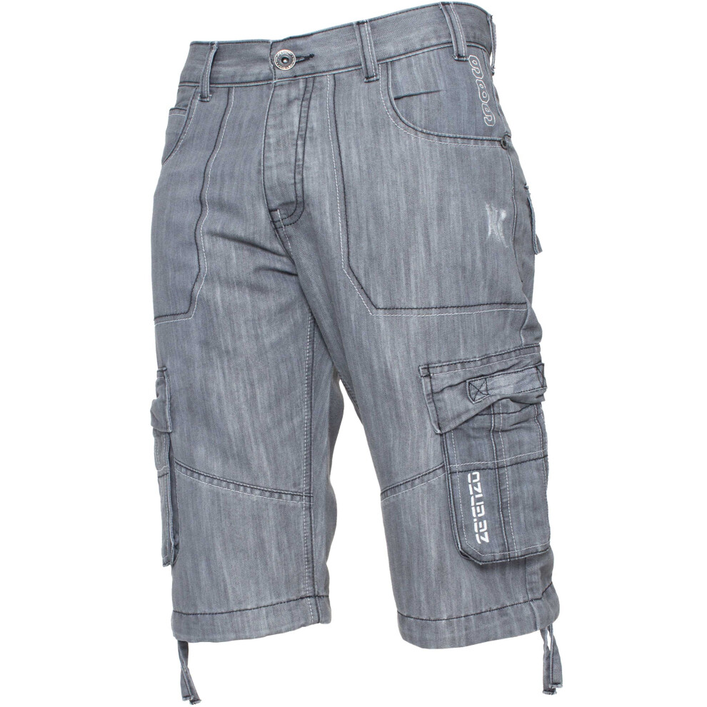 Ze Enzo (, 36") Enzo Mens Shorts Raw Combat Cargo Pockets Denim Grey