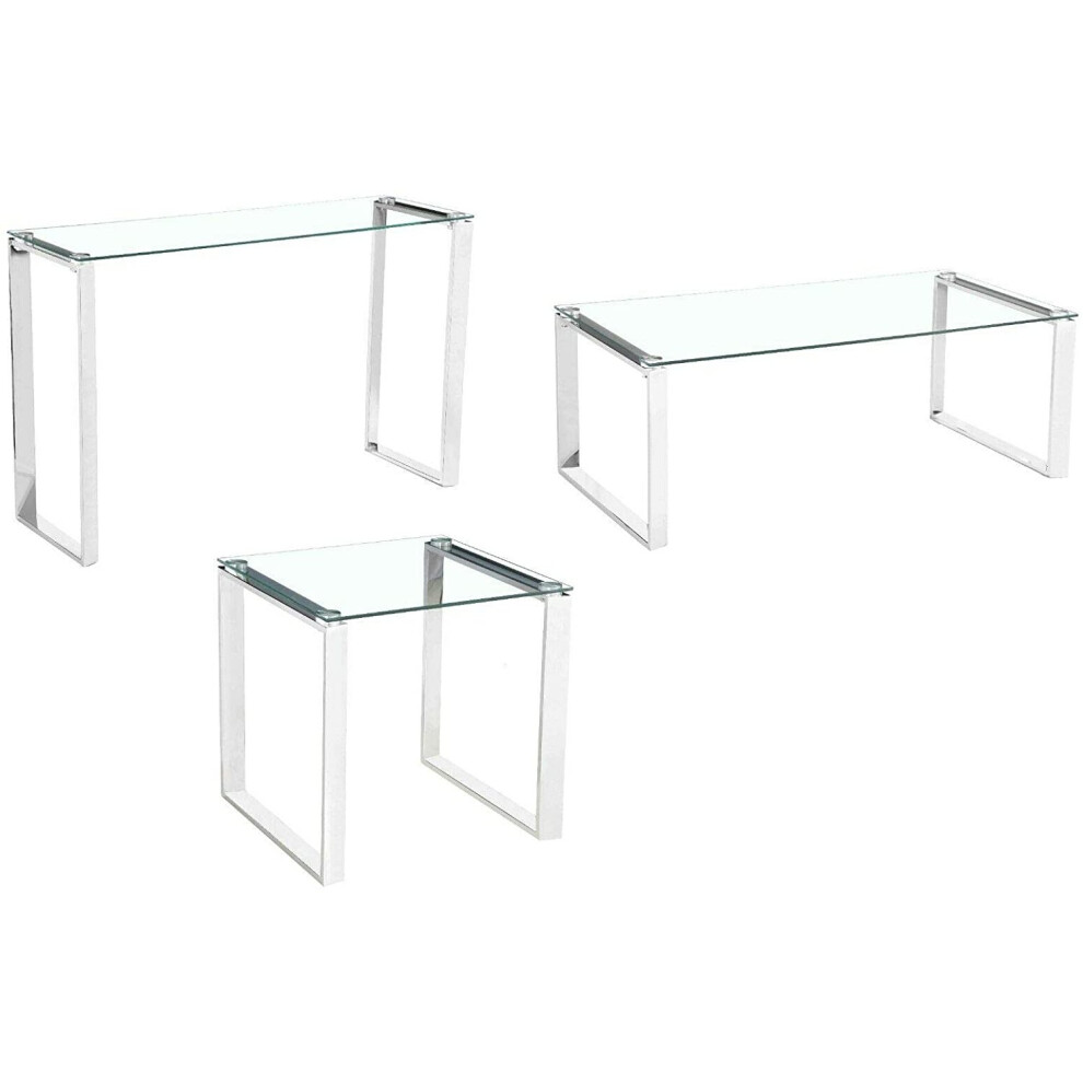 Charles Jacobs Set of Stainless Mirror Finish Living Room Glass Furniture - Coffee Console Side End Tables