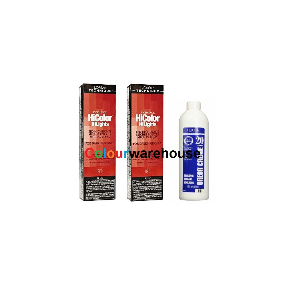 (Red (2x), Dev (Vol. 20) 16oz) L'Oreal HiColor Red HiLights For Dark Hair Only