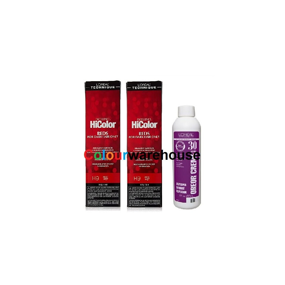 (H9 (2x), Dev (Vol. 30) 8oz) L'Oreal HiColor H9 Red Hot, Reds For Dark Hair Only