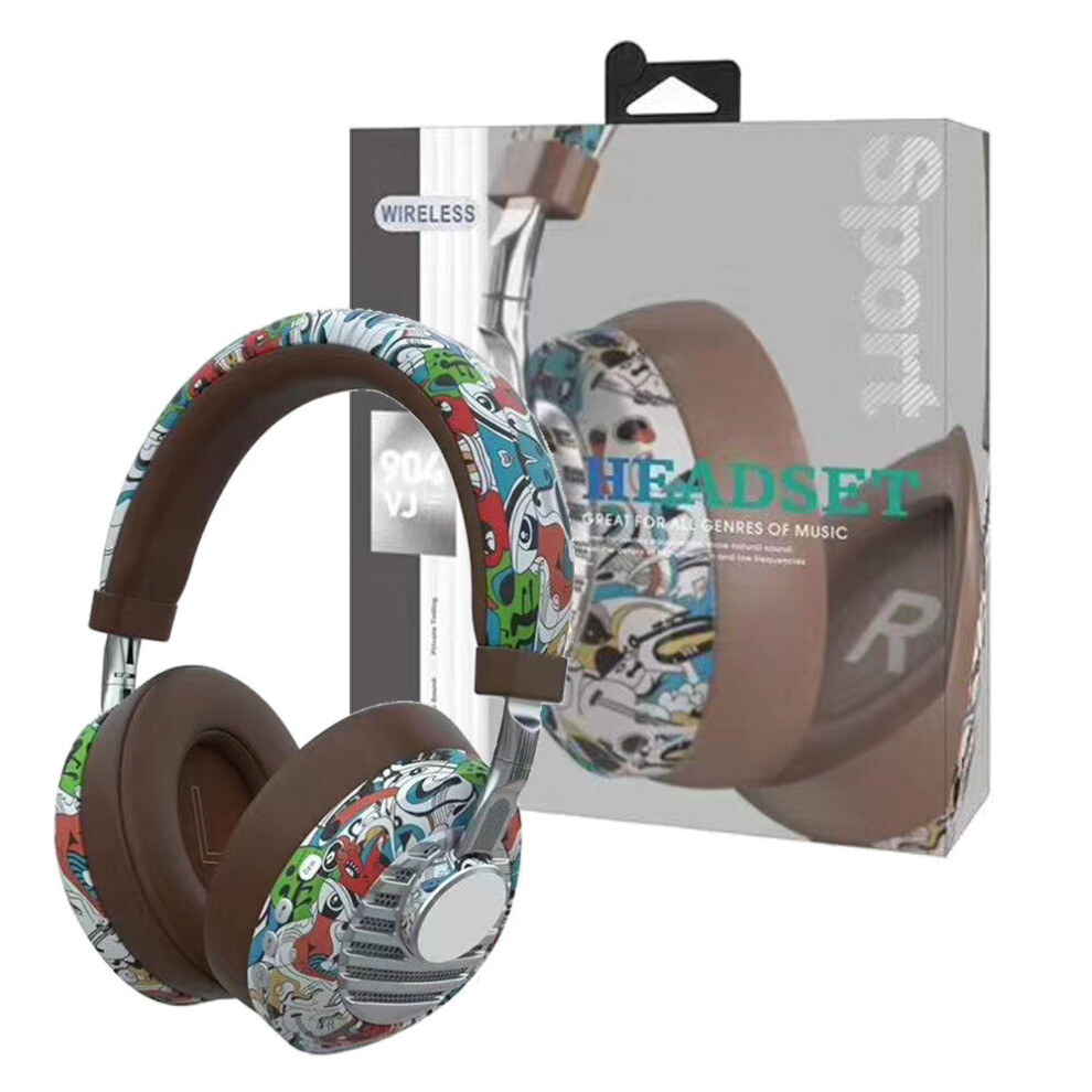 Graffiti Bluetooth Headphone Wireless Earphone Over-Ear Noise HiFi Stereo Gaming Headset Brown