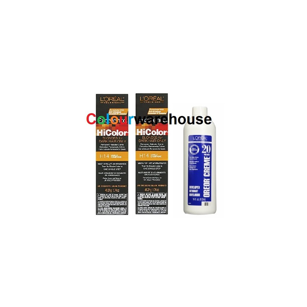 (H14 (2x), Dev (Vol. 20) 16oz) L'Oreal HiColor H14 Vanilla Champagne, Blondes For Dark Hair Only-image-OPC-P5Z2PN5-NEW