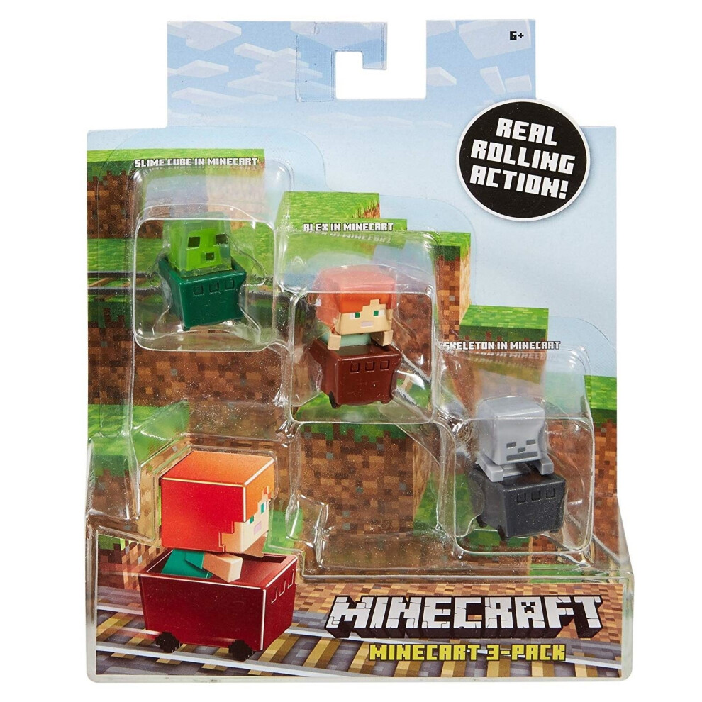 Minecraft FFK78 Minecart Slime Cube, Alex, Skeleton Figure 3 Pack of Toys