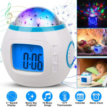 Réveil avec projecteur LED ciel étoilé et musique numérique pour enfants - calendrier et thermomètre