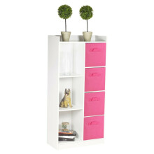 (White, Dark Pink) Bookcase with Fabric Drawers | 7 Cube Wooden Unit