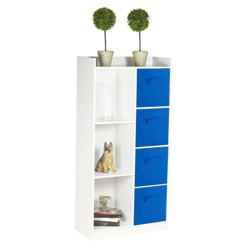 URBN Living (White, Dark Blue) Bookcase with Fabric Drawers | 7 Cube Wooden Unit
