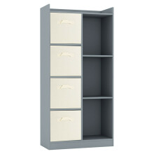 (Grey, Cream) Bookcase with Fabric Drawers | 7 Cube Wooden Unit
