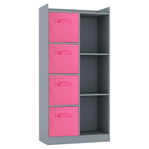 URBN Living (Grey, Dark Pink) Bookcase with Fabric Drawers | 7 Cube Wooden Unit