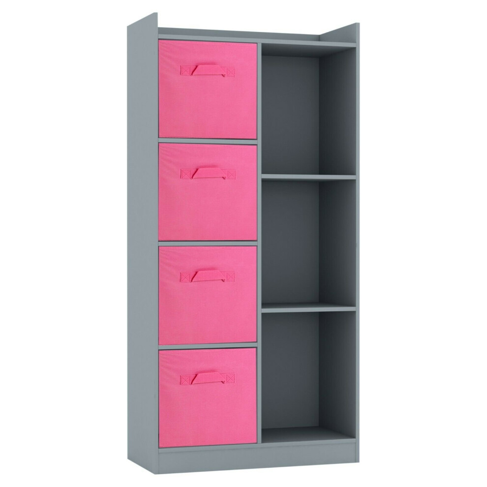 (Grey, Dark Pink) Bookcase with Fabric Drawers | 7 Cube Wooden Unit