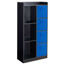 (Black, Dark Blue) Bookcase with Fabric Drawers | 7 Cube Wooden Unit