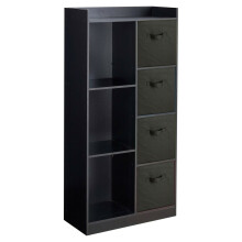 (Black, Black) Bookcase with Fabric Drawers | 7 Cube Wooden Unit