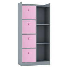 (Grey, Light Pink) Bookcase with Fabric Drawers | 7 Cube Wooden Unit