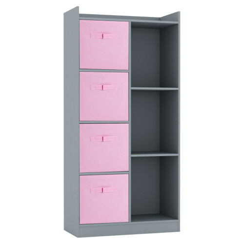 URBN Living (Grey, Light Pink) Bookcase with Fabric Drawers | 7 Cube Wooden Unit