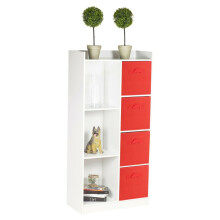 (White, Red) Bookcase with Fabric Drawers | 7 Cube Wooden Unit