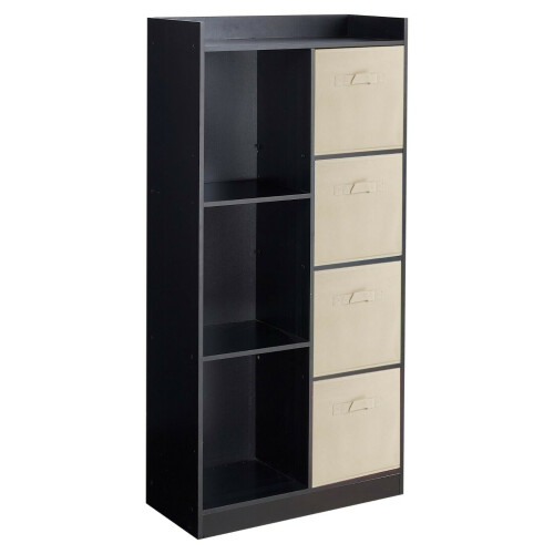 URBN Living (Black, Cream) Bookcase with Fabric Drawers | 7 Cube Wooden Unit