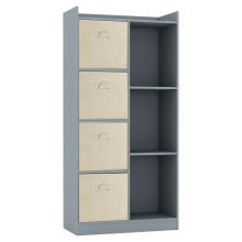 (Grey, Beige) Bookcase with Fabric Drawers | 7 Cube Wooden Unit