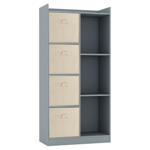 URBN Living (Grey, Beige) Bookcase with Fabric Drawers | 7 Cube Wooden Unit