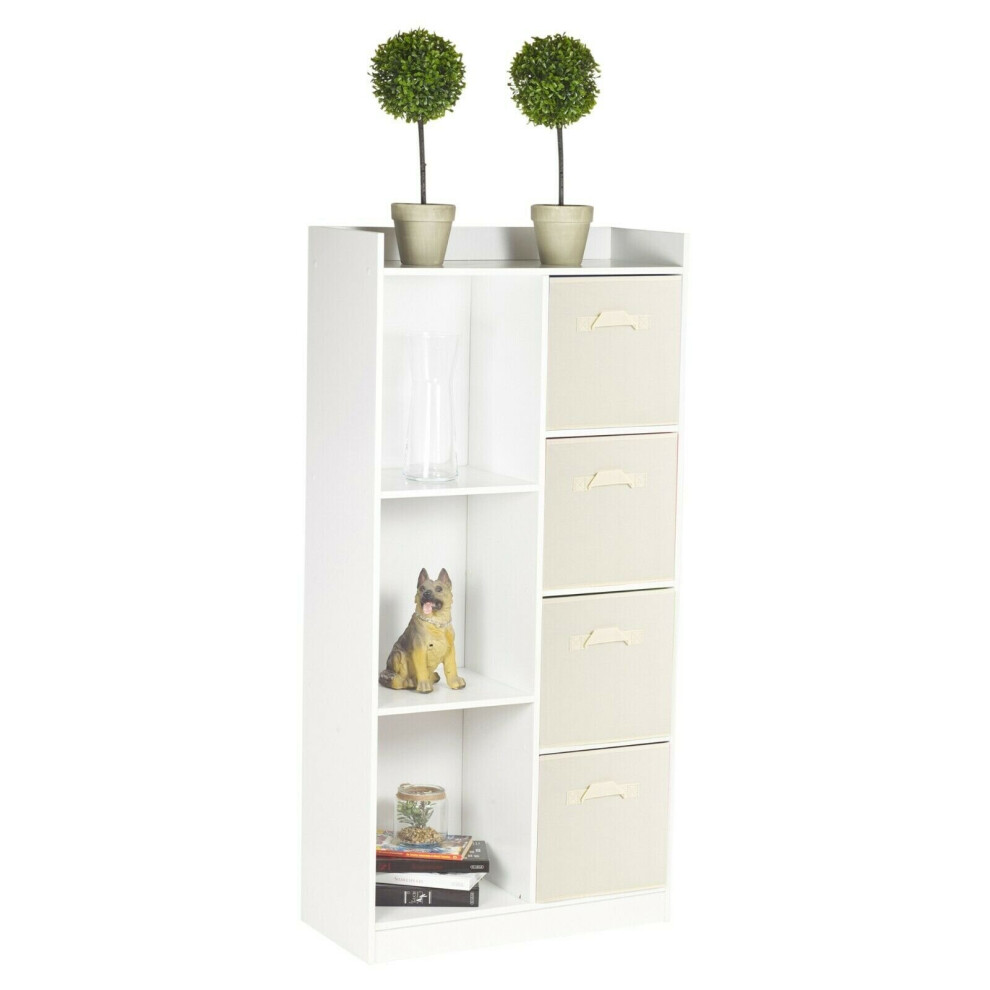(White, Cream) Bookcase with Fabric Drawers | 7 Cube Wooden Unit-image-OPC-P5Z8CQ8-NEW