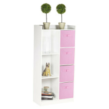 (White, Light Pink) Bookcase with Fabric Drawers | 7 Cube Wooden Unit