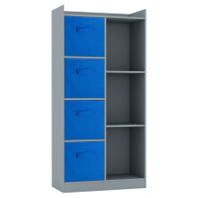 (Grey, Dark Blue) Bookcase with Fabric Drawers | 7 Cube Wooden Unit