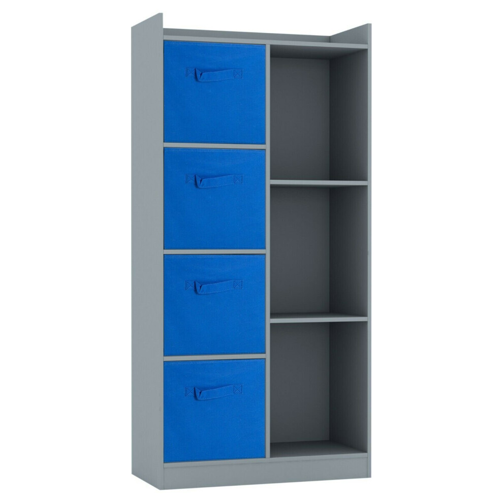 (Grey, Dark Blue) Bookcase with Fabric Drawers | 7 Cube Wooden Unit