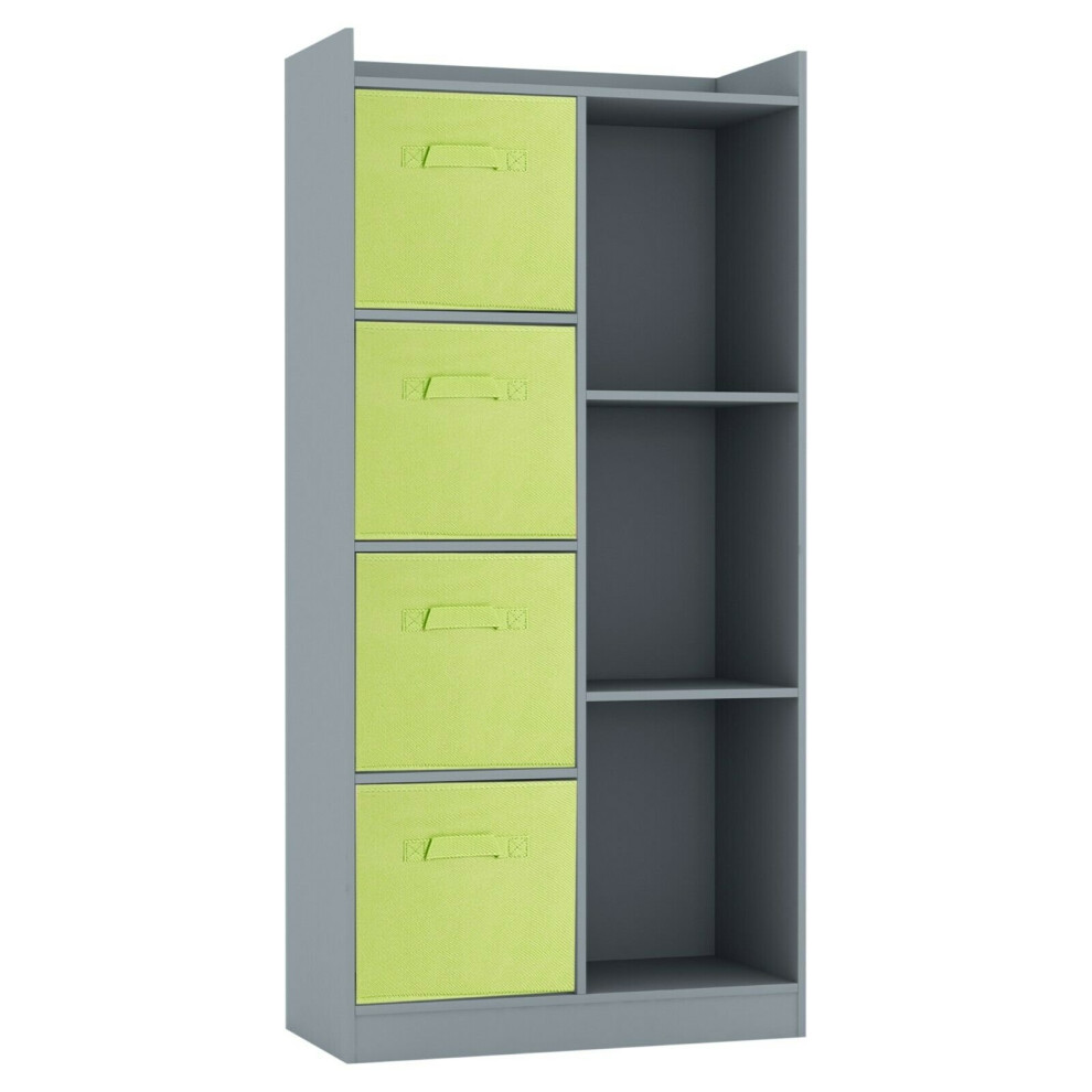 (Grey, Green) Bookcase with Fabric Drawers | 7 Cube Wooden Unit