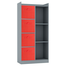 (Grey, Red) Bookcase with Fabric Drawers | 7 Cube Wooden Unit