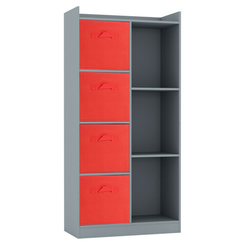 URBN Living (Grey, Red) Bookcase with Fabric Drawers | 7 Cube Wooden Unit