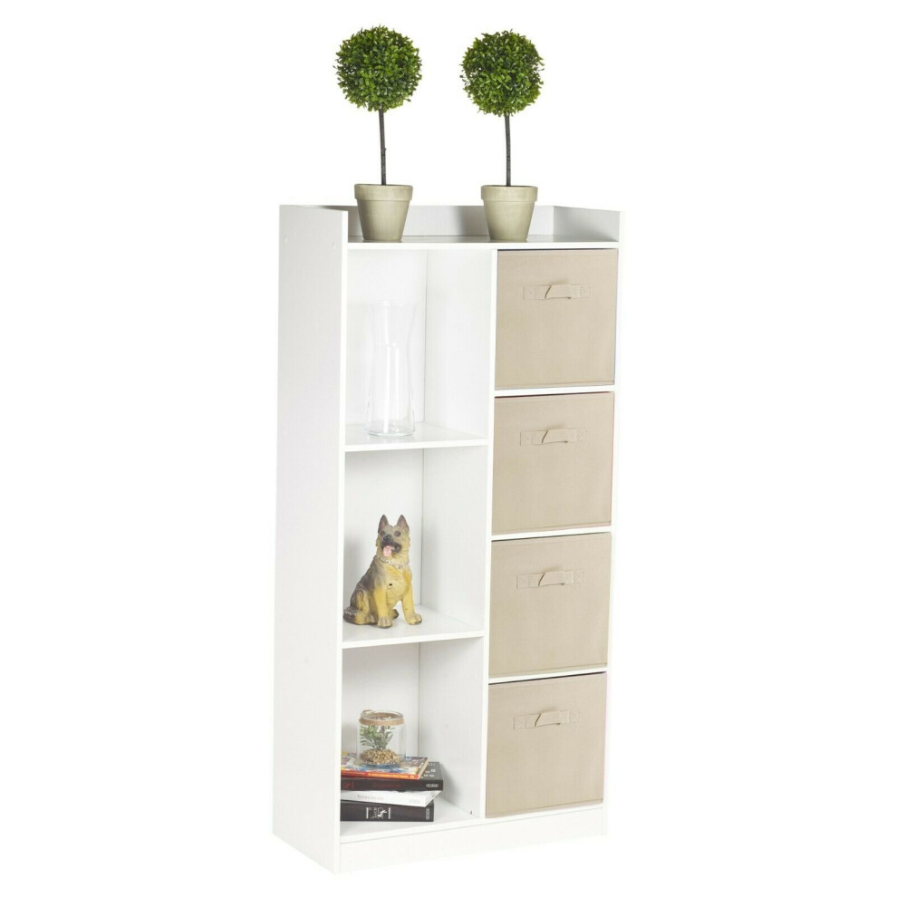 (White, Beige) Bookcase with Fabric Drawers | 7 Cube Wooden Unit