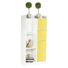 (White, Yellow) Bookcase with Fabric Drawers | 7 Cube Wooden Unit