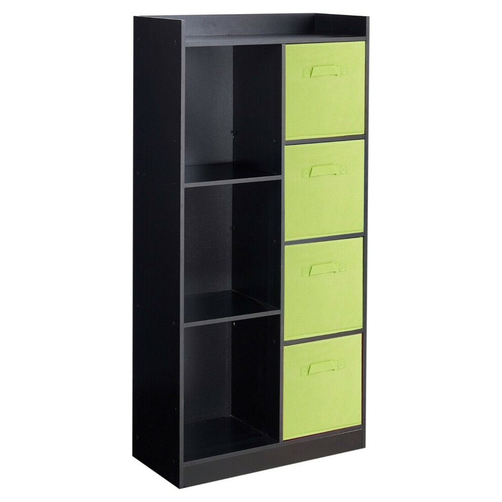 (Black, Green) Bookcase with Fabric Drawers | 7 Cube Wooden Unit