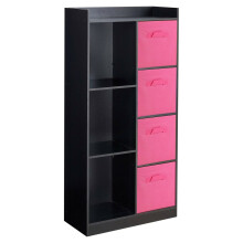 (Black, Dark Pink) Bookcase with Fabric Drawers | 7 Cube Wooden Unit
